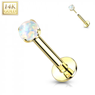 Piercing labret Opale Blanche en Or Jaune 14 carats type "Push In"