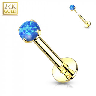 Piercing labret Opale Bleue en Or Jaune 14 carats type "Push In"