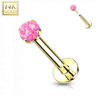 Piercing labret Opale Rose en Or Jaune 14 carats type "Push In"