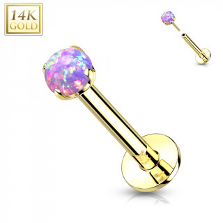 Piercing labret Opale Violette en Or Jaune 14 carats type "Push In"