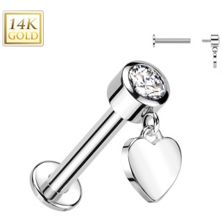 Piercing labret Or Blanc 14 carats  Coeur suspendue