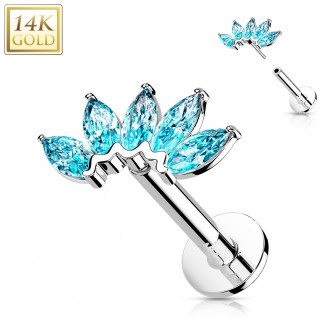 Piercing labret or blanc 14 carats  ventail de zirconiums  (hlix, lvre...) - Bleu aqua