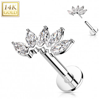 Piercing labret or blanc 14 carats à éventail de zirconiums  (hélix, lèvre...) - Clair