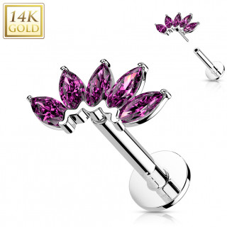 Piercing labret or blanc 14 carats  ventail de zirconiums  (hlix, lvre...) - Pourpre