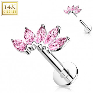 Piercing labret or blanc 14 carats  ventail de zirconiums  (hlix, lvre...) - Rose