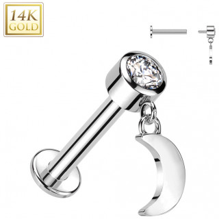 Piercing labret Or Blanc 14 carats  Lune suspendue