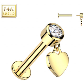 Piercing labret Or Jaune 14 carats  Coeur suspendue