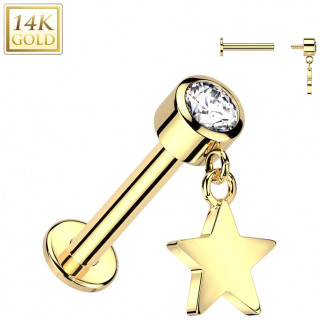 Piercing labret Or Jaune 14 carats  Etoile suspendue