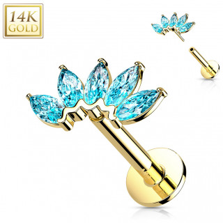 Piercing labret or jaune 14 carats  ventail de zirconiums  (hlix, lvre...) - Bleu aqua