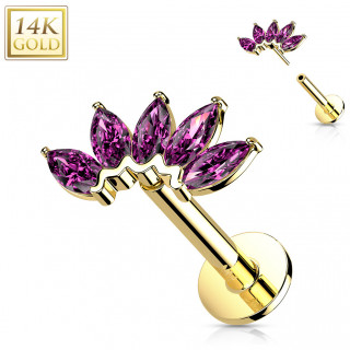 Piercing labret or jaune 14 carats  ventail de zirconiums  (hlix, lvre...) - Pourpre