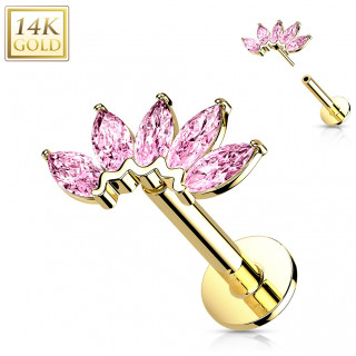 Piercing labret or jaune 14 carats  ventail de zirconiums  (hlix, lvre...) - Rose