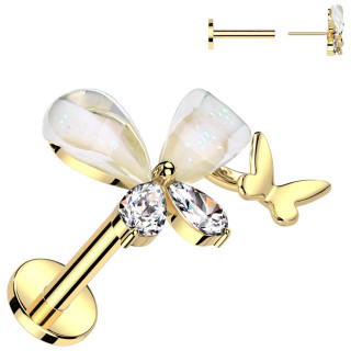 Piercing labret push-in doré double papillon fantaisie (lèvre, tragus, hélix...)