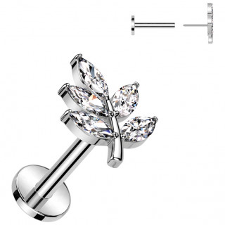 Piercing labret push-in à feuille de zirconiums (lèvre, lobe, hélix...)