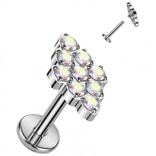 Piercing labret Ruche d'abeilles en Titane  filetage interne et zirconiums Aurore Borale (lvre, tragus, hlix...)