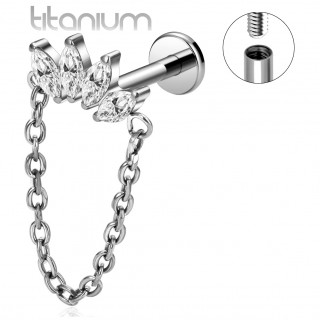 Piercing labret Titane � arc de zirconiums en amandes et chaine (l�vre et oreille)