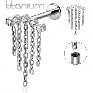 Piercing labret Titane � arc de zirconiums et cascade de chainettes (l�vre et oreille)
