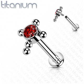 Piercing labret Titane  croix de perles et zirconium - Rouge (lvre, hlix...)