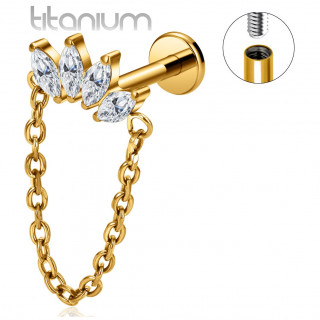 Piercing labret Titane dor� � arc de zirconiums en amandes et chaine (l�vre et oreille)