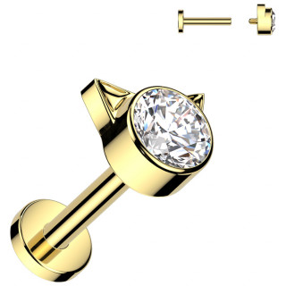 Piercing labret Titane doré chat zirconium (filetage interne)