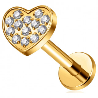 Piercing labret Titane dor Coeur constell de zirconiums (lvre, lobe, hlix, flat...)