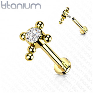 Piercing labret Titane Dor  croix de perles et zirconium (lvre, hlix...)