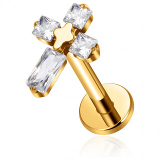 Piercing labret Titane dor  croix pave de zirconiums (hlix, tragus, flat..)