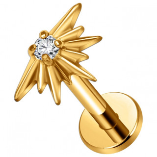Piercing labret Titane dor� �toile rayonnante (l�vre, lobe, h�lix, flat...)