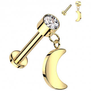 Piercing labret Titane dor  zirconium et lune en pendentif (tragus, hlix...)