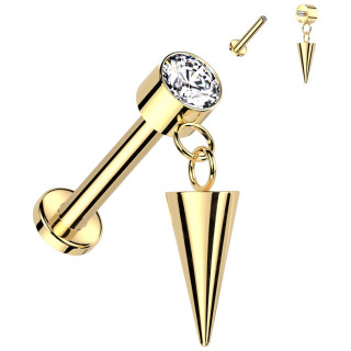 Piercing labret Titane doré zirconium à spike suspendu
