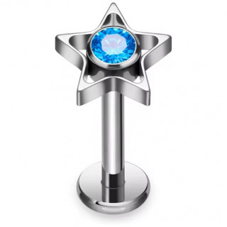 Piercing labret Titane �toile ajour�e � zirconium bleu (l�vre, lobe, h�lix, flat...)