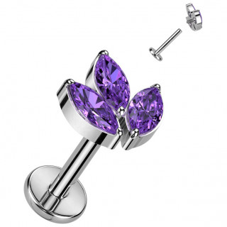 Piercing labret Titane  Feuille d'rable zirconiums violets (lvre, tragus, hlix...)