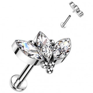 Piercing labret Titane  3 feuilles zirconiums perles  (tragus, hlix...)