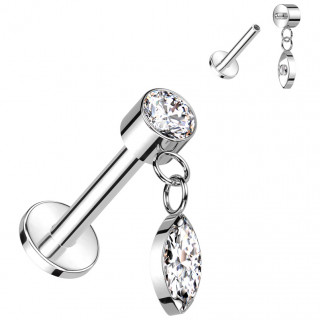 Piercing labret Titane  pendentif zirconium en amande (lvre, tragus, hlix...)