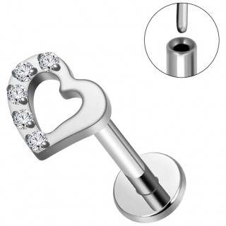 Piercing labret Titane "Push-in" Coeur � c�t� serti (l�vre, lobe, h�lix, tragus...)