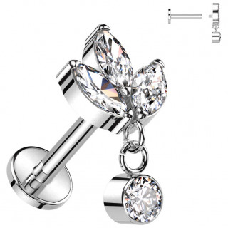 Piercing labret Titane trio de feuilles zirconiums et pendentif (lvre, hlix, lobe...)