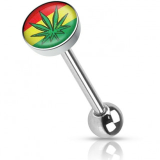 Piercing langue drapeau rasta et feuille cannabis