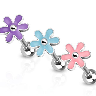 Piercing langue en acier avec extrémité à fleur colorée
