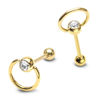 Piercing langue plaqu or boule sertie et anneau