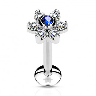 Piercing lvre fleur  strass clairs et gemme bleue centrale