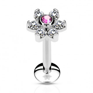 Piercing lvre fleur  strass clairs et gemme rose centrale