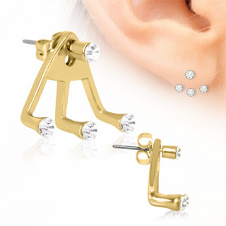Piercing lobe oreille doré en acier style trident avec strass