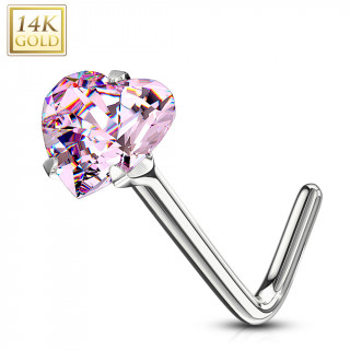 Piercing nez  coeur zirconium rose - or blanc 14 carats - Tige L