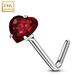 Piercing nez  coeur zirconium rouge - or blanc 14 carats - Tige L