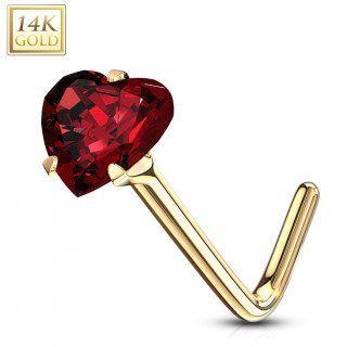 Piercing nez à coeur zirconium rouge - or jaune 14 carats - Tige L