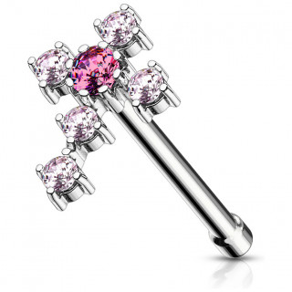 Piercing nez croix latine strass  tige droite - Rose