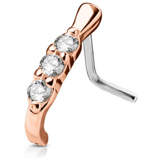 Piercing nez cuivré à trio de strass - tige "L"