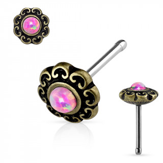 Piercing nez dor antique  coeurs et Opale rose