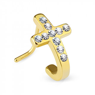 Piercing nez dor en acier  croix courbe pave de strass