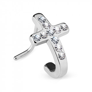 Piercing nez en acier  croix courbe pave de strass