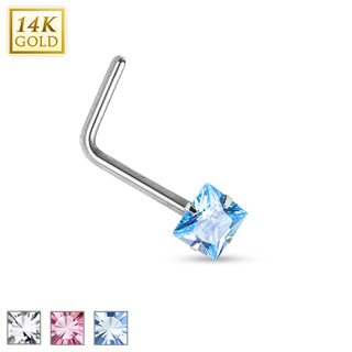 Piercing nez en or blanc 14 carats  tige en "L" et pierre carre